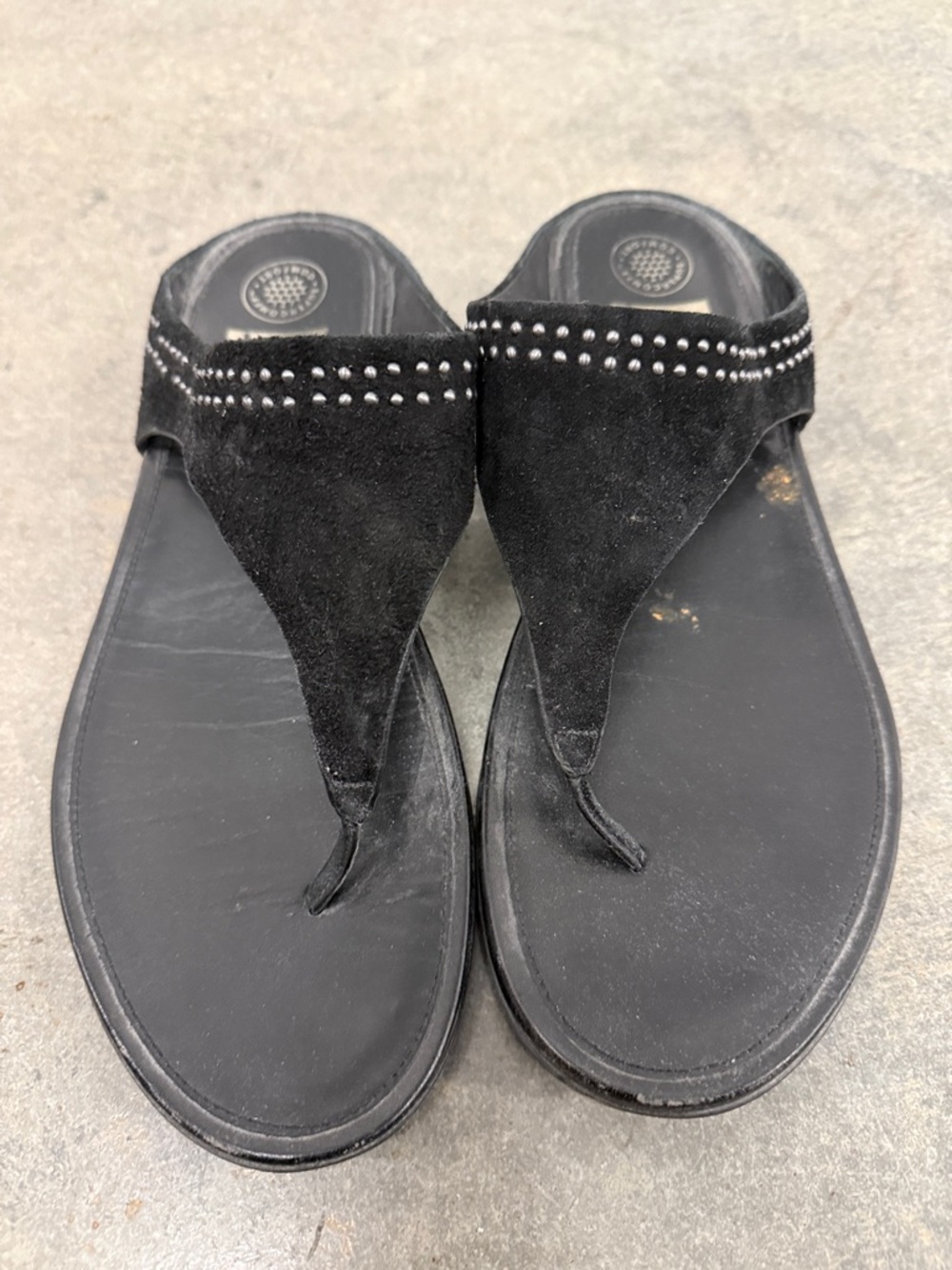 FitFlop Black Suede Thong Sandals with Silver Stud Trim